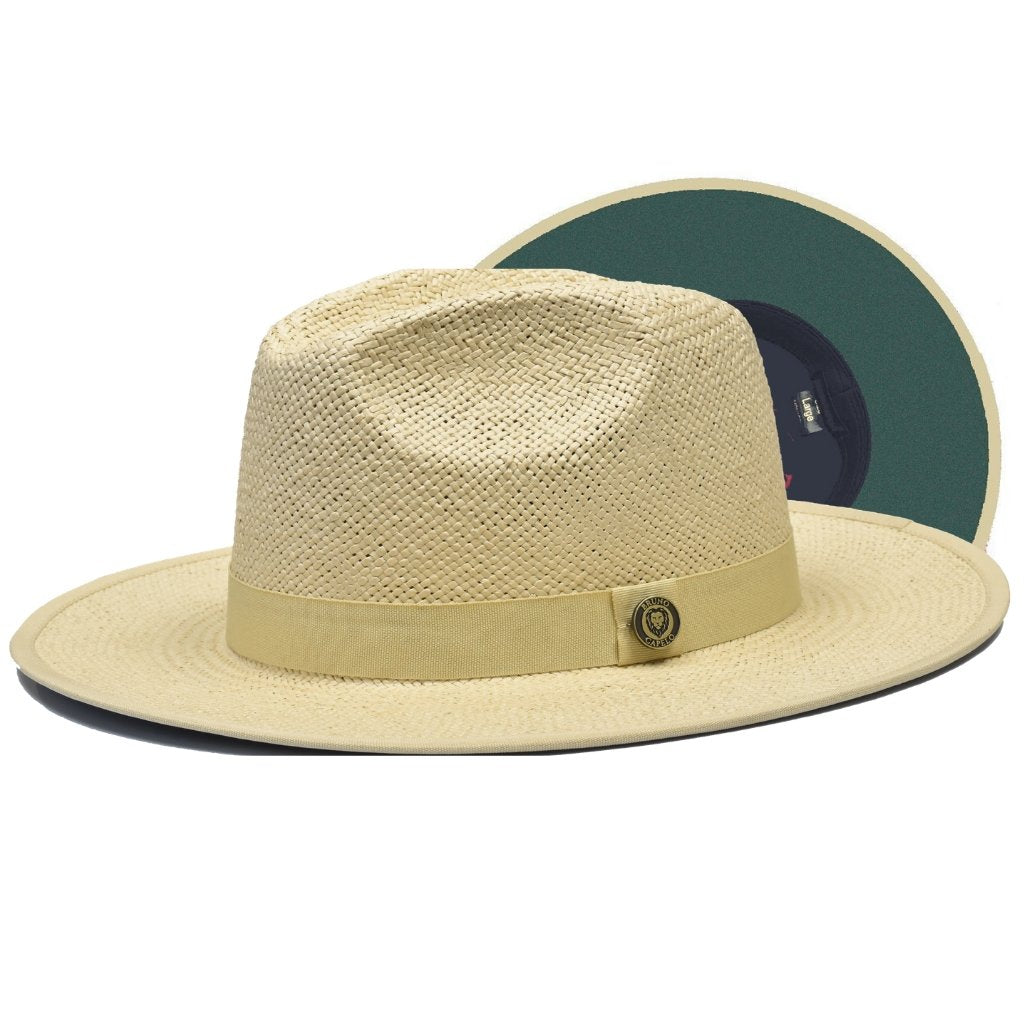 Bruno Capelo Kingdom Color Bottom Wide Brim Straw Fedora-Natural / Dark Green