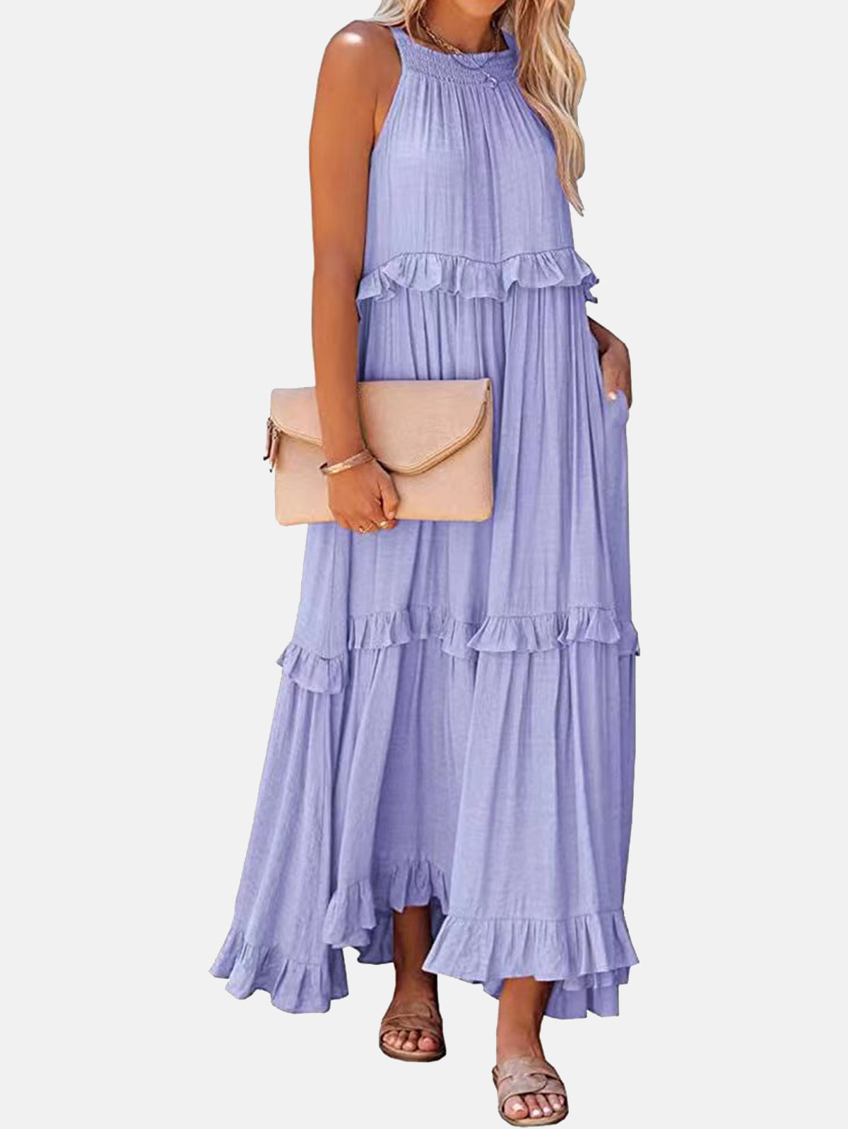 Casual Plain Ruffle Trim Smocking Sleeveless Maxi Dress