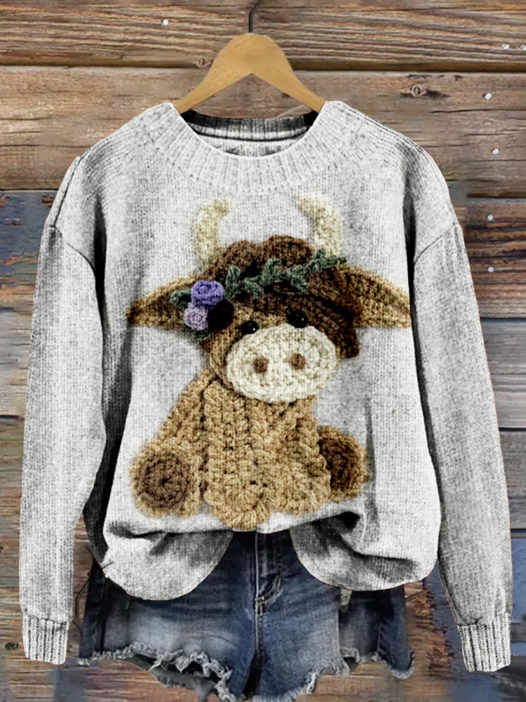 Cute Crochet Highland Cow Art Cozy Knit Sweater