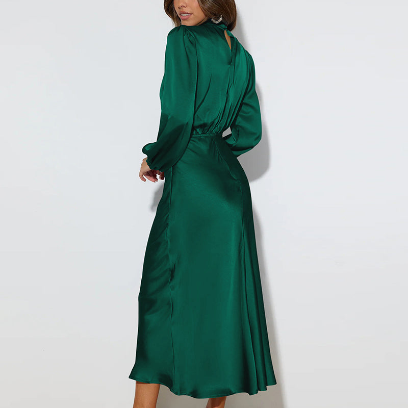 High-end Satin Long-sleeved Loose Dress, Elegant Women's Evening Dress