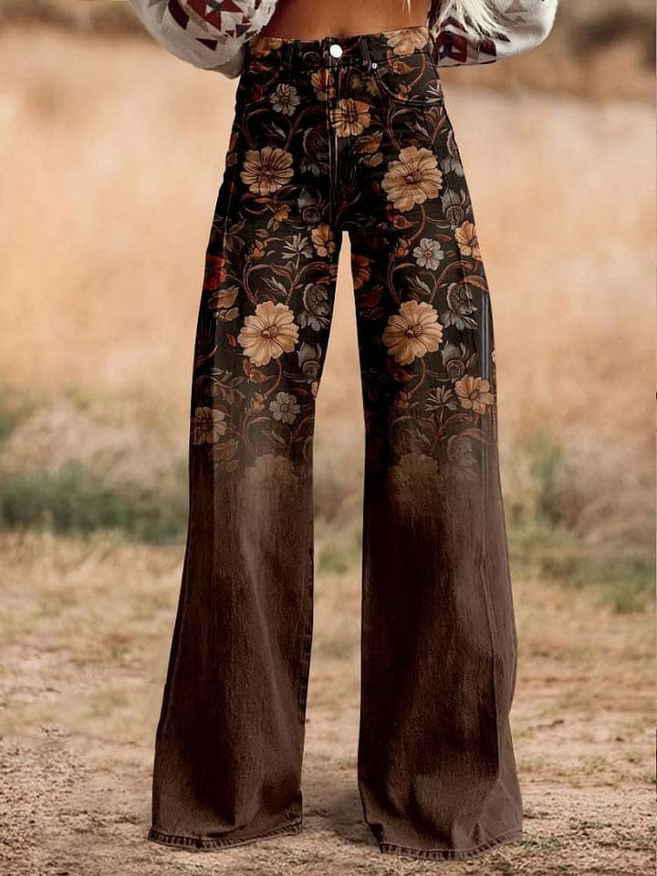 Women's Brown Flower Print Casual Wide Leg Pants