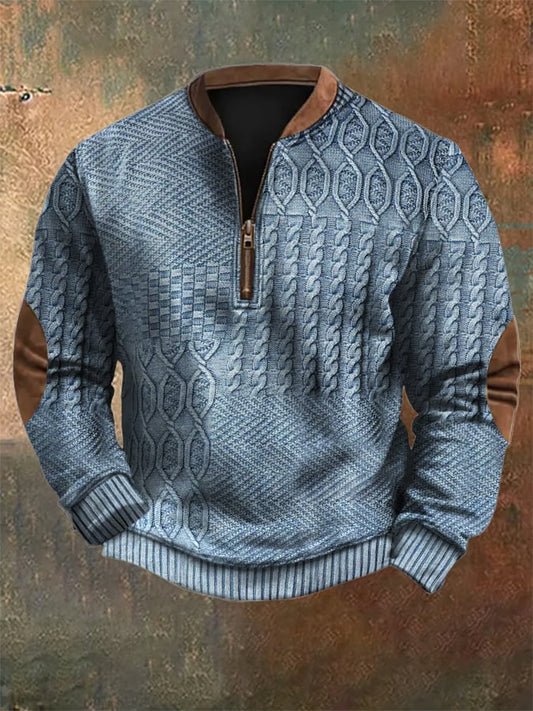 Men's Vintage Knit Print Zip-Up Sweatshirt