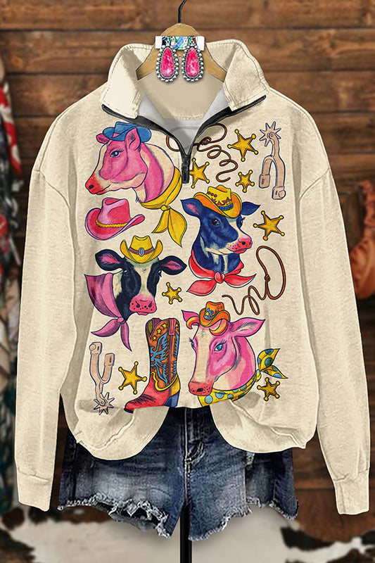 Vintage Western Horse Print Zip-Up Sweatshirt