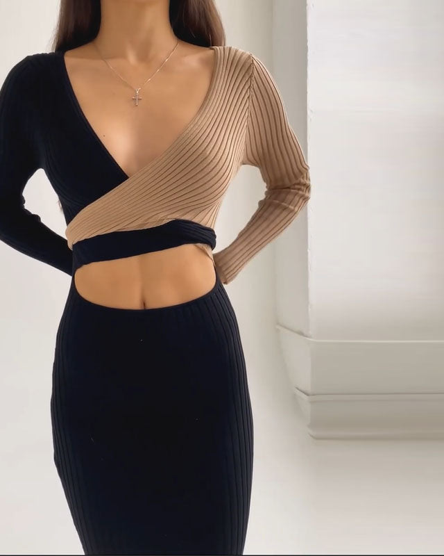 Long-Sleeved Contrast Knitted Butt Lift Bodycon Dress