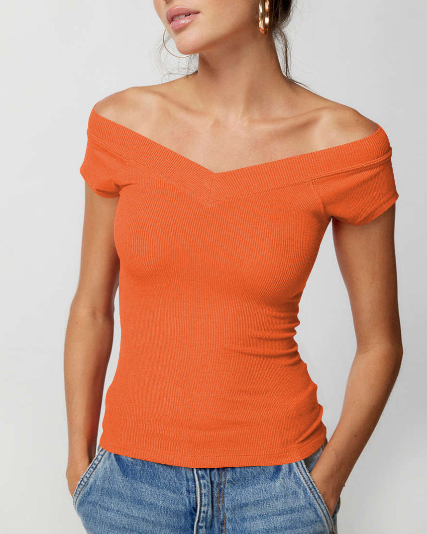 Y2K Solid Color T-Shirt Tight V-Neck Knitted Top