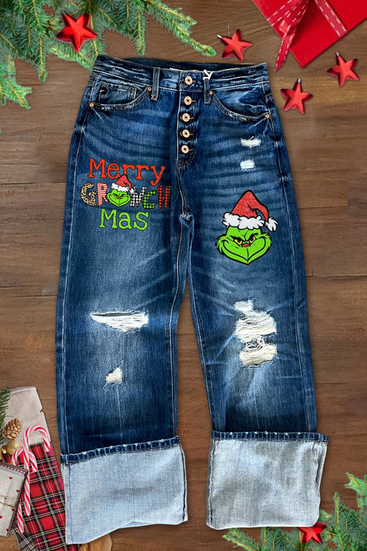 Classic Christmas Grinch Print Ripped High Rise Jeans