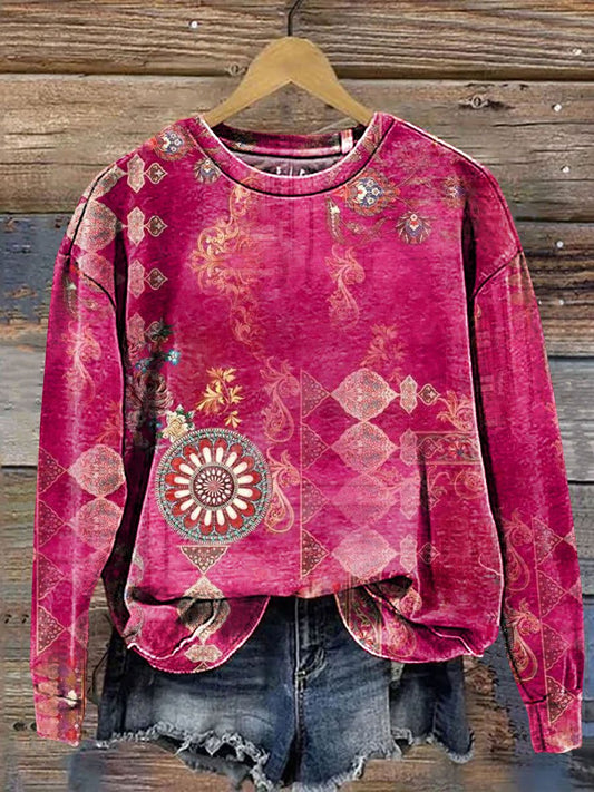 Vintage Ethnic Floral Art Print Casual Sweatshirt