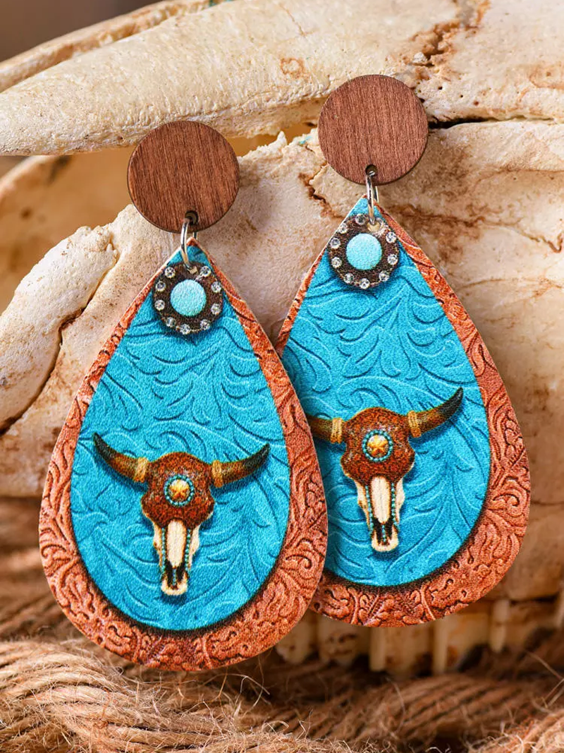 Steer Skull Turquoise PU Leather Stud Earrings