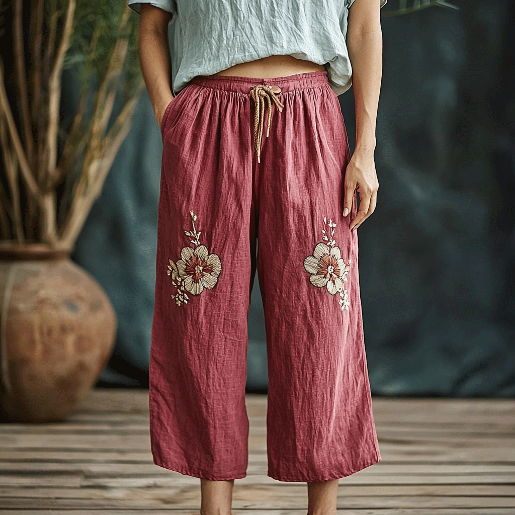 Women's Linen Bohemian Cropped Wide-leg Pants