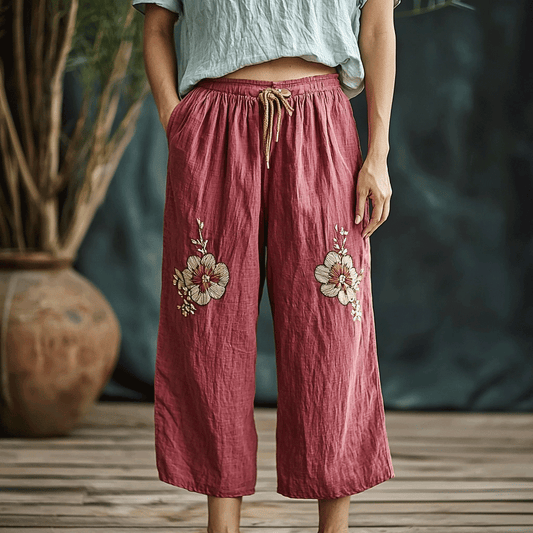 Women's Linen Bohemian Cropped Wide-leg Pants