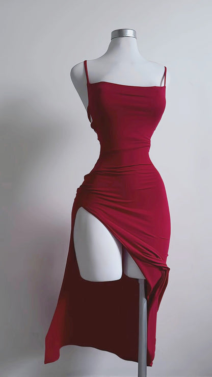 Red Sling Slit Satin Mini Dress