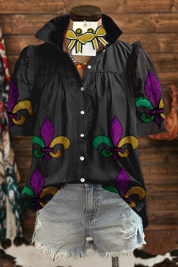 Shiny Mardi Gras Print Puff Sleeve Blouse