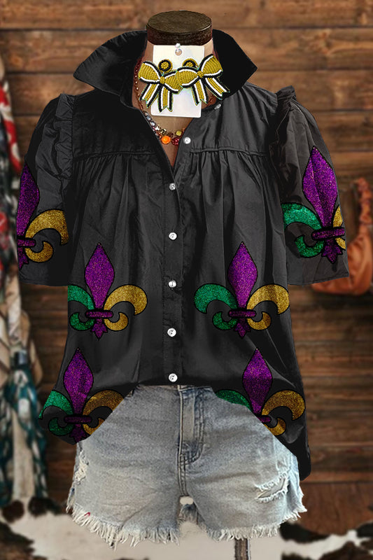 Shiny Mardi Gras Print Puff Sleeve Blouse