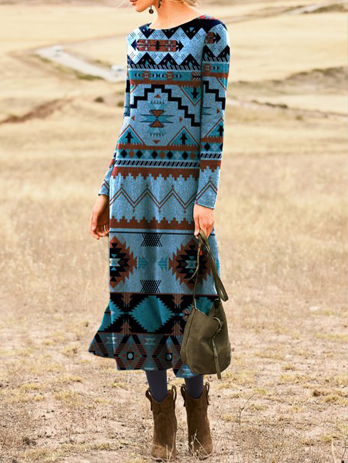 Ruffle Hem Geo Pattern Retro Long Sleeve Midi Dress