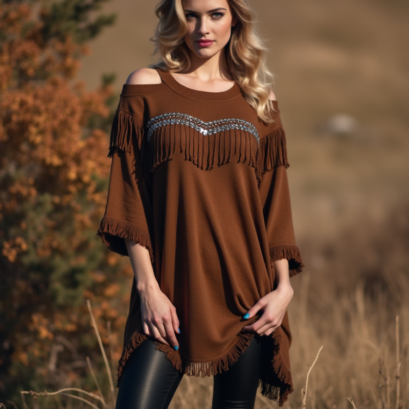 Women's Fringed White Beaded Accents Off-the-shoulder Elegant Tunic Pullovers Blouse Dressy Tops