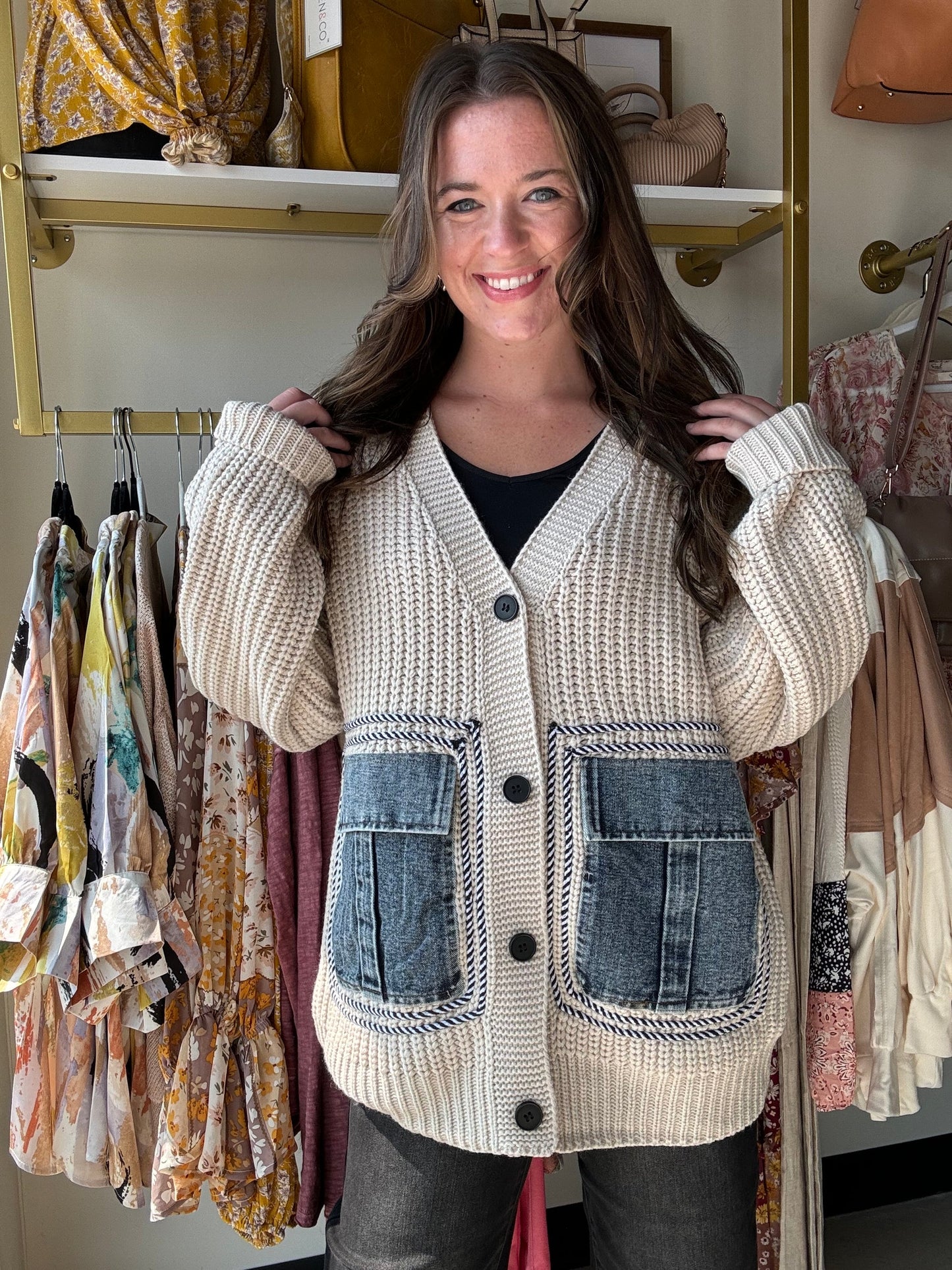 Unique Denim Patchwork Pockets Cardigan