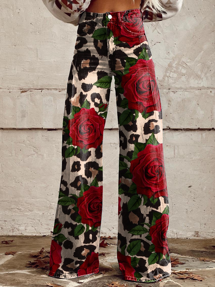 Women's Vintage Leopard Rose Print Casual Wide Leg Pants