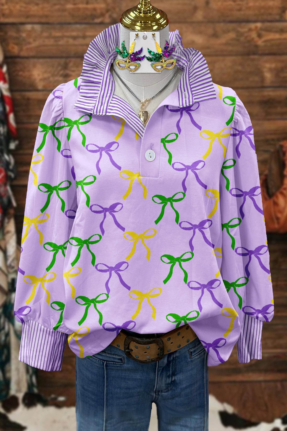 Mardi Gras Bow Print Striped Blouse