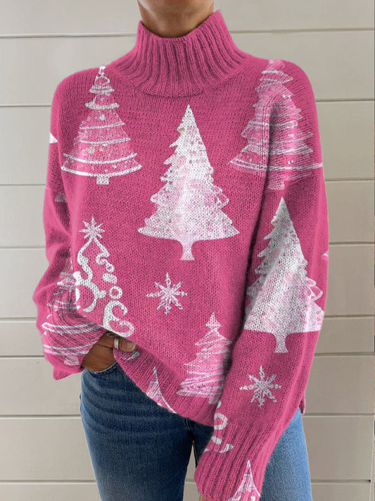 Pink Christmas Tree Printed Knit Turtleneck Pullover Sweater