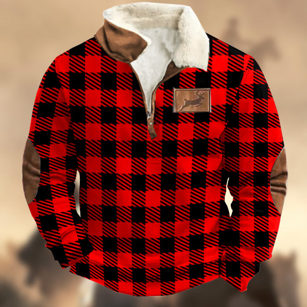 Men'sChristmas Plaid Print Elk Logo Zipper Fur Collar Sweatshirt