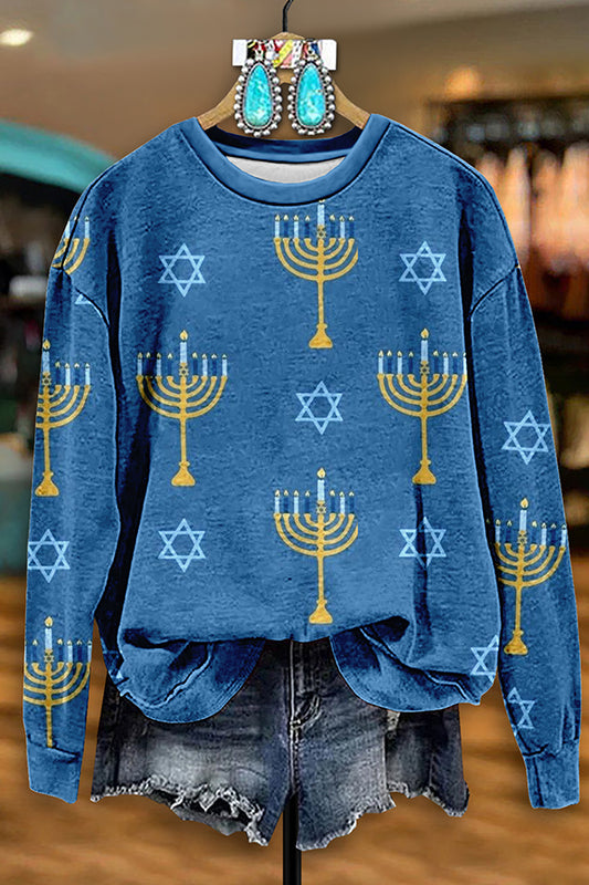 Vintage Hanukkah Menorah Print Sweatshirt