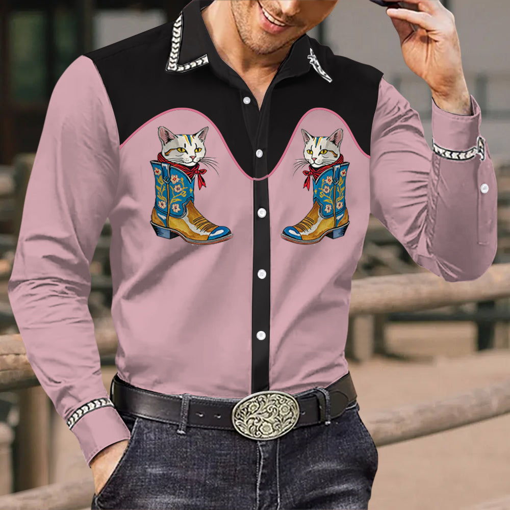 Men's Vintage Western Cowboy Funny Cowboy Boots Pussy Print Long Sleeve Shirt