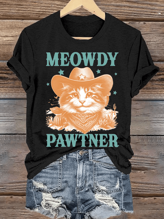 Women's Western Style Retro Cowboy Cat Printed Round Neck Short Sleeve T-Shirt