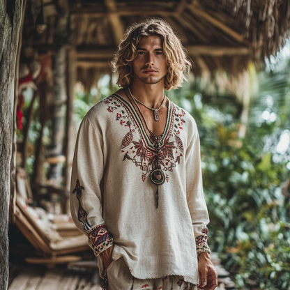 Men's Bohemian Holiday Style Vintage Linen Printed Casual Long Sleeve Top