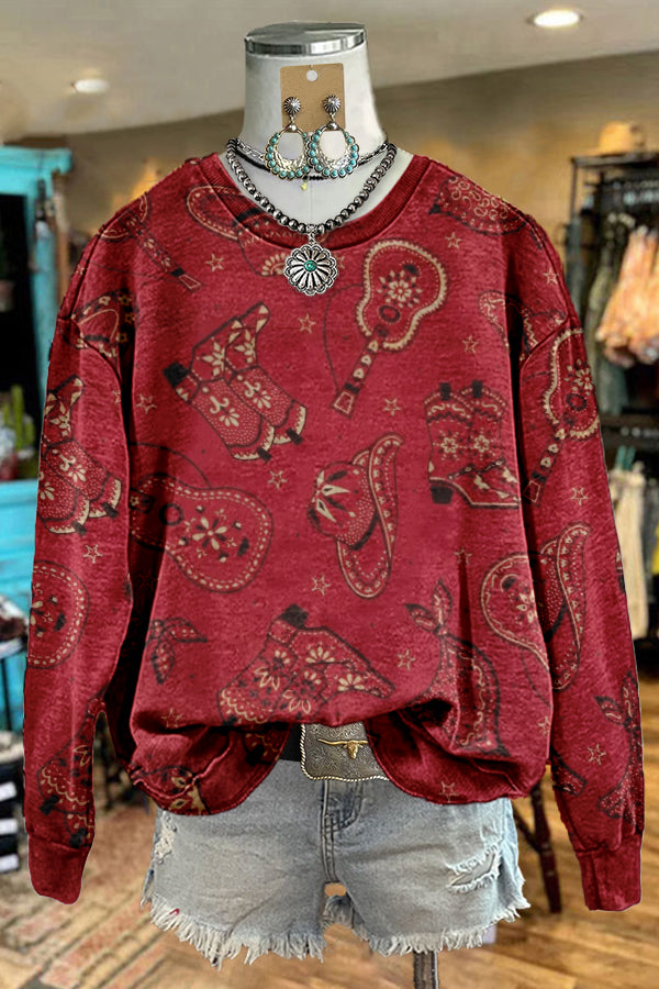 Vintage Western Boots Print Sweatshirt