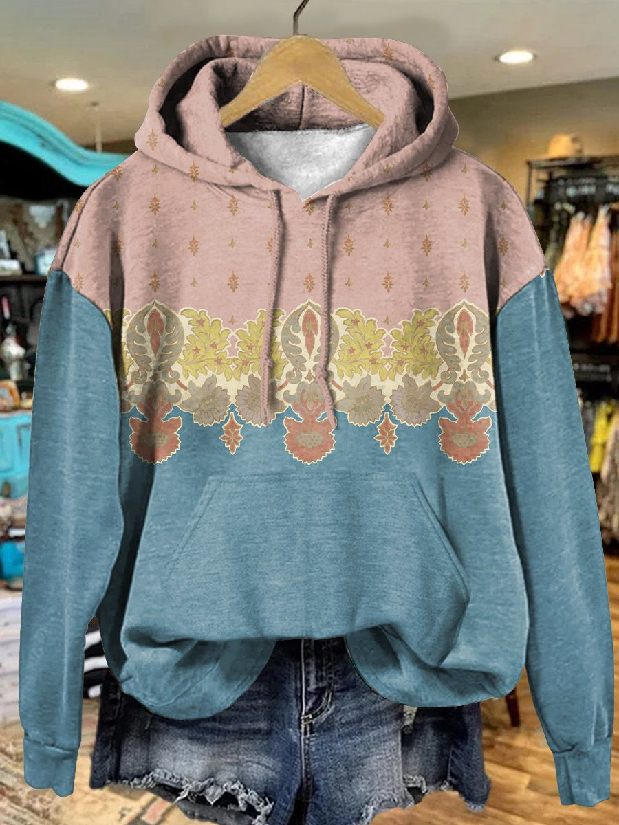 Retro Contrast Folk Flowers Art Print Casual Hoodie Sweatshirt