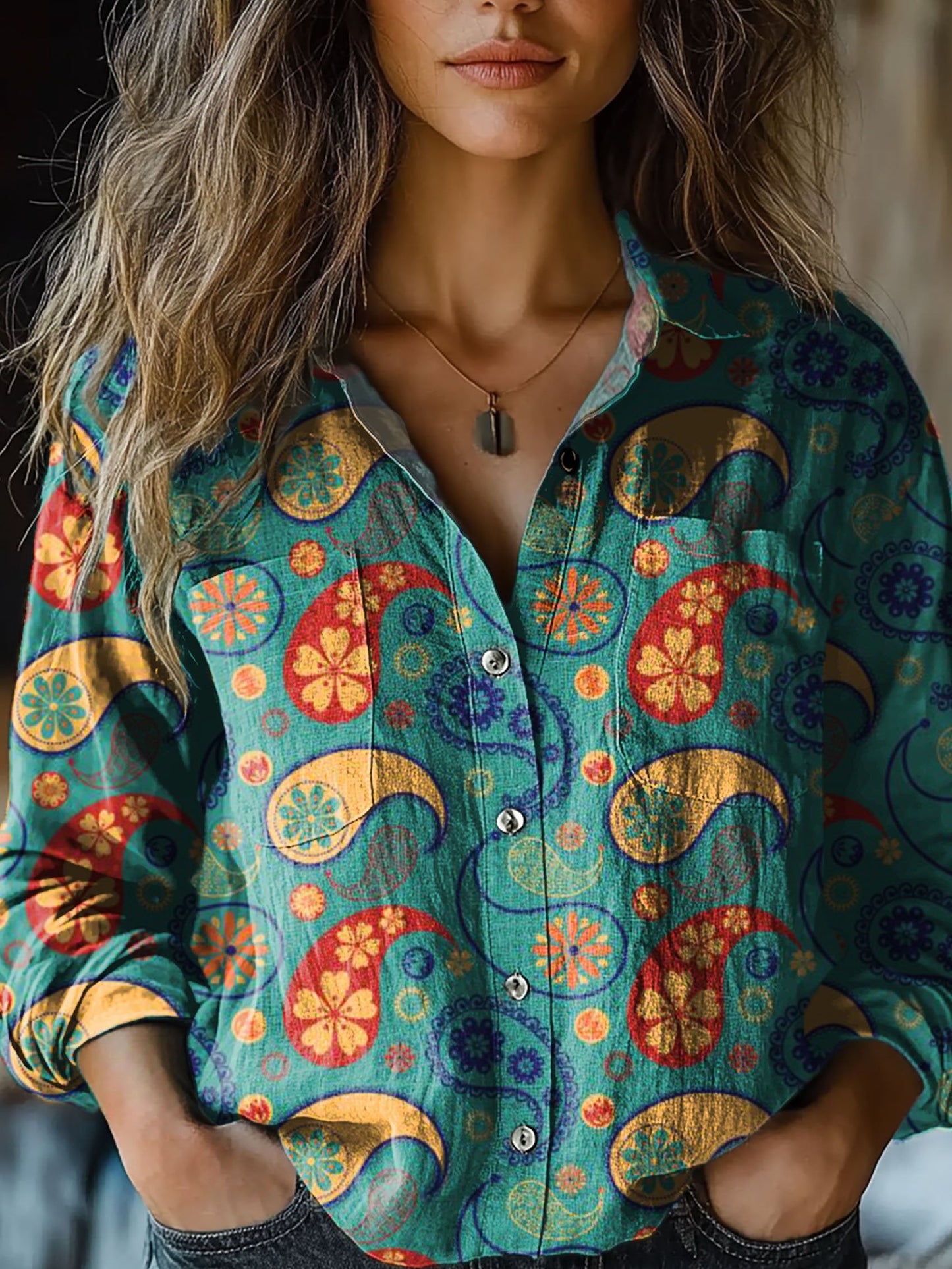 Women's Vintage Cashew Paisley Floral Print Casual Long Sleeve Comfortable Cotton Shirt