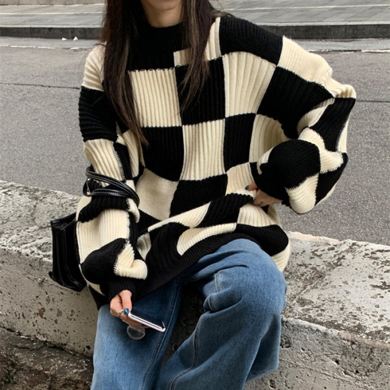 Women's Checkerboard Sweater Vintage Knitted Sweater