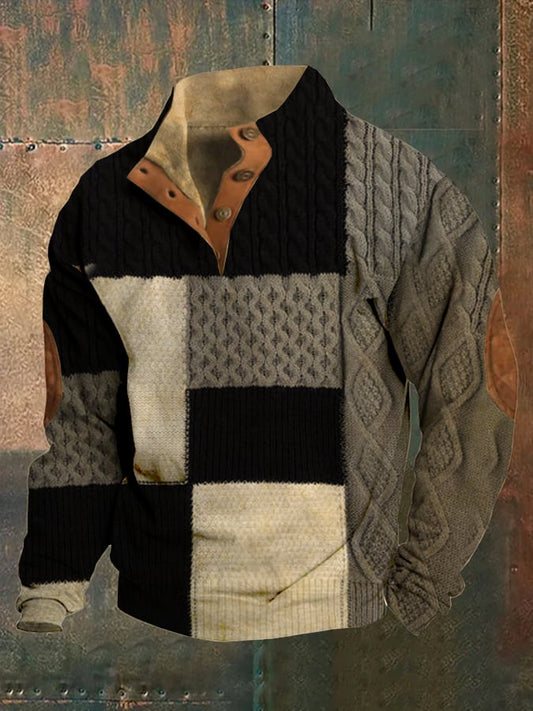 Men's Western Color Block Art Print Stand Collar Button Sweatshirt