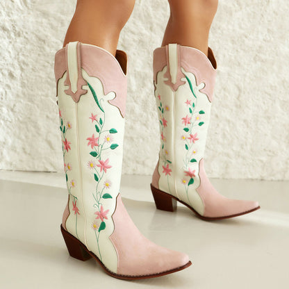 Womens Cowboy Flower Embroidered High Western Boots