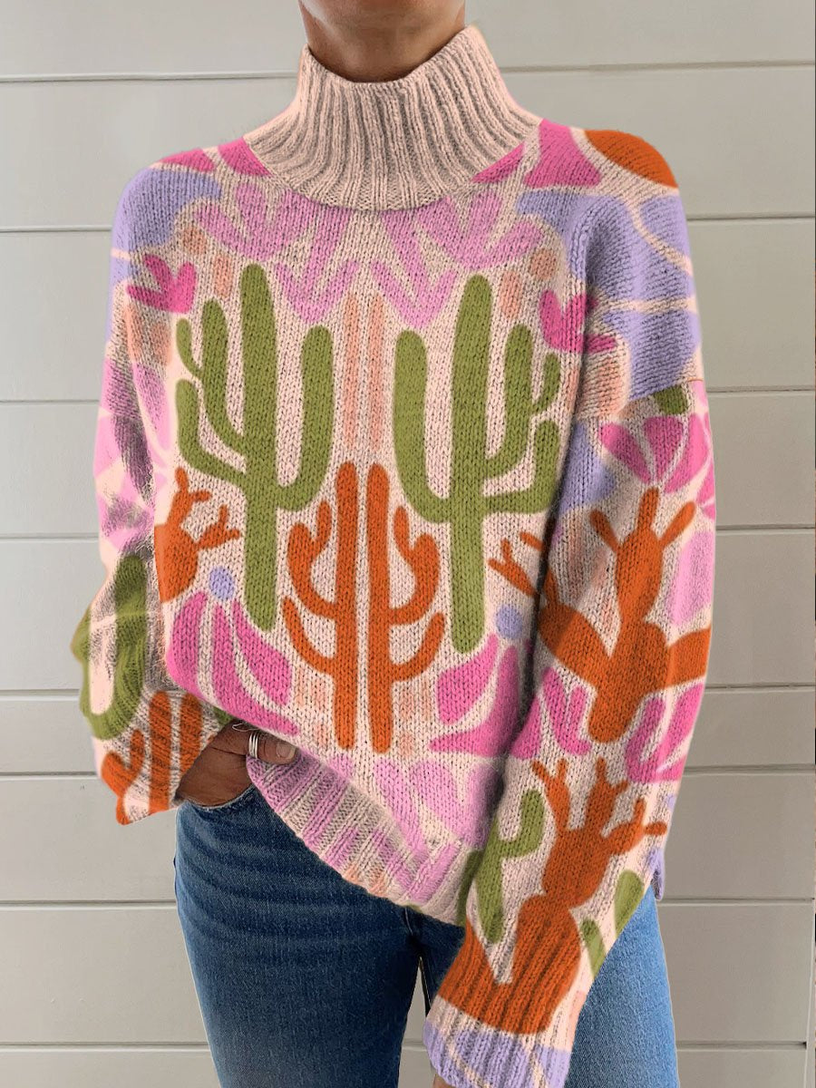 Pink Symmetrical Cactus Printing Knit Turtleneck Pullover Sweater