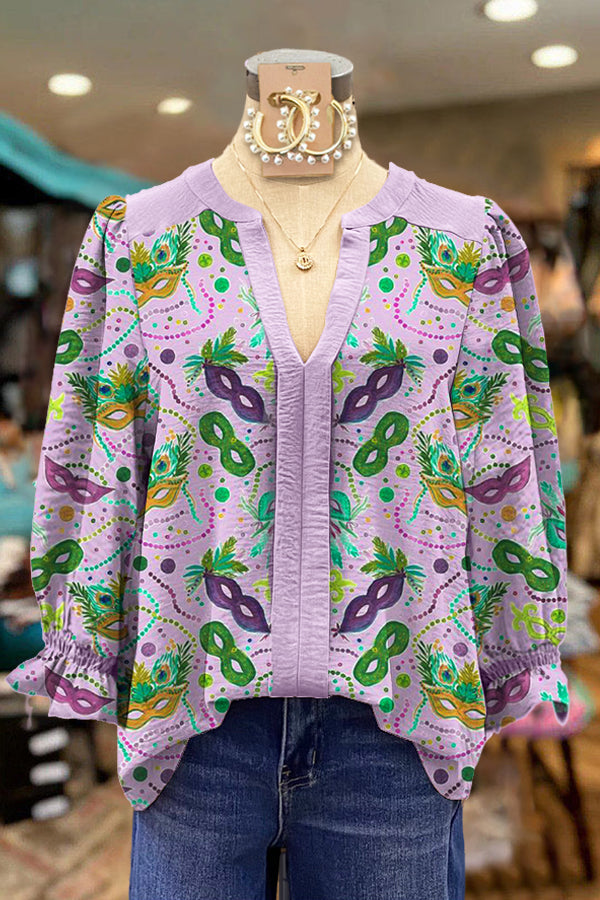 Elegant Puff Sleeve Mardi Gras Printed Blouse