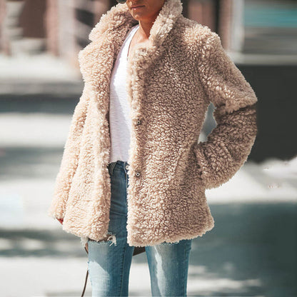 Plush Coat Lapel Solid Color Long Sleeve Cardigan Coat