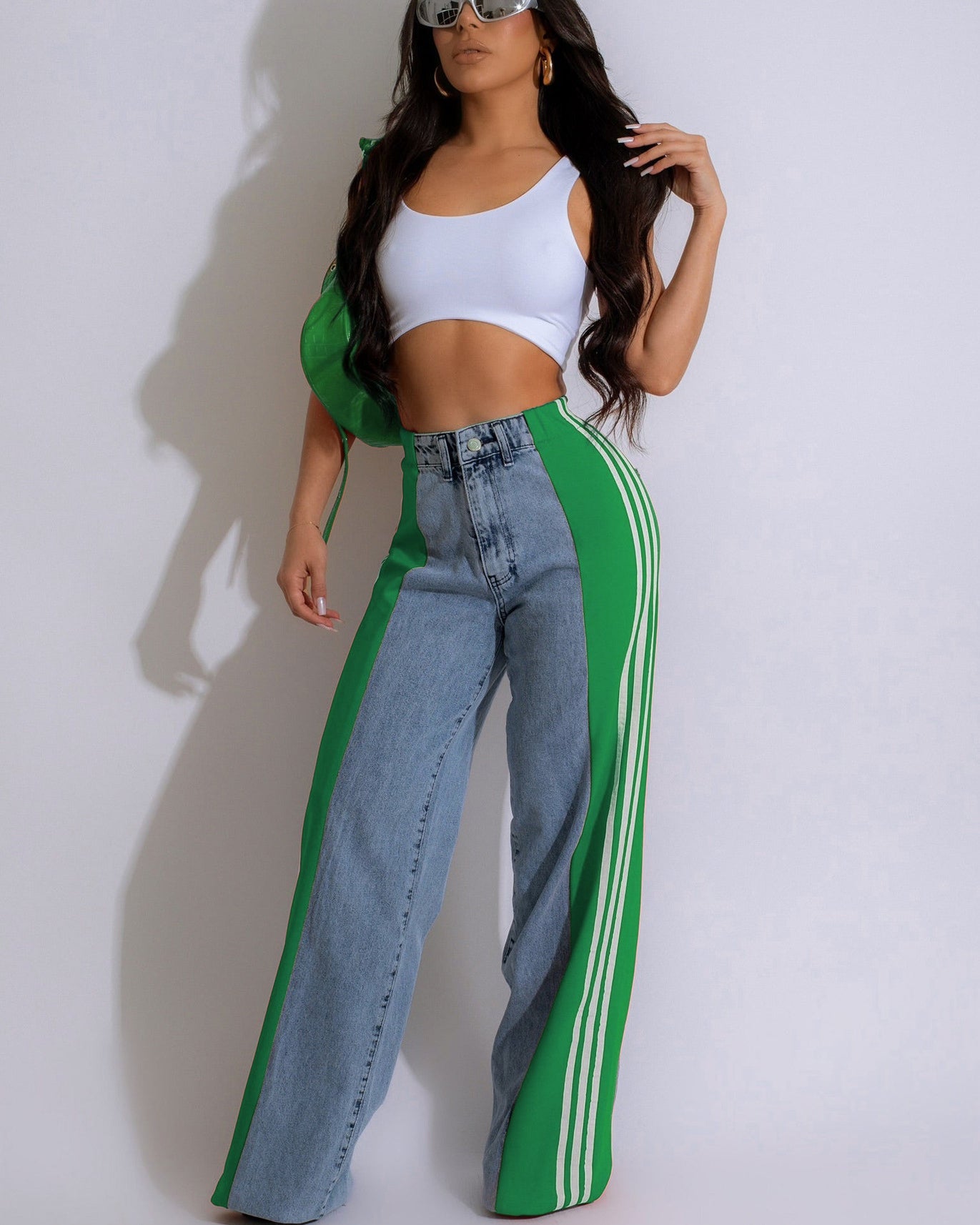 High Waisted Straight Pants Casual Pants Striped Patchwork Jeans Women