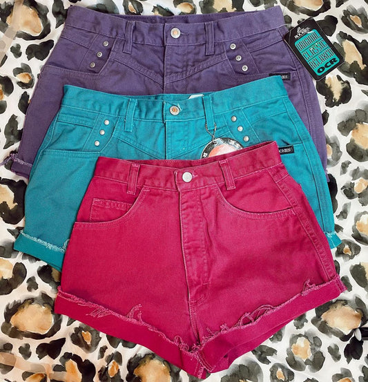 Vintage Wash High Waist Denim Rolled Hem Shorts- Purple/ Green/ Red