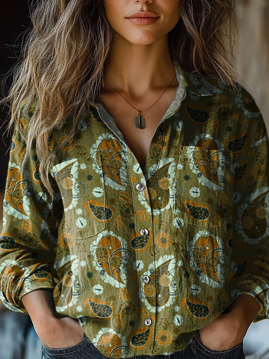 Women's Vintage Green Cashew Floral Print Casual Long Sleeve Comfortable Cotton Shirt