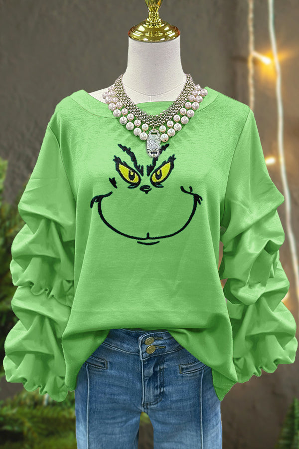 Sweet Christmas Grinch Print Pleated Sweatshirt