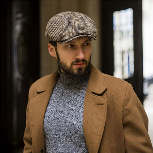 [NEW!]PEAKED CAPS Genuine Scottish Harris Tweed 8 Panels Man Cap Wool -Shelby-Blue-brown houndstooth