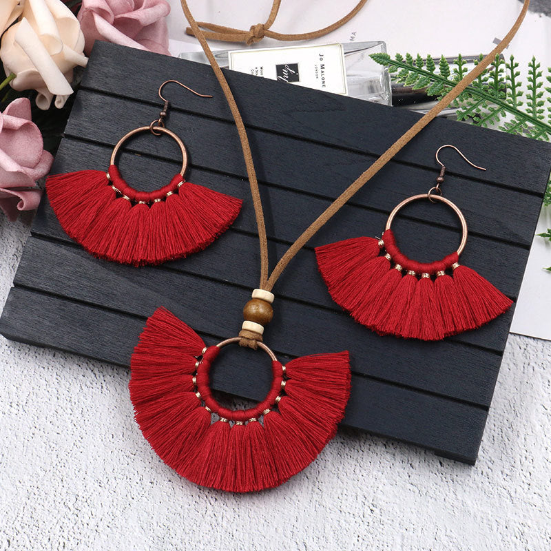 Women's Bohemian Tassel Earrings And Necklace Suit