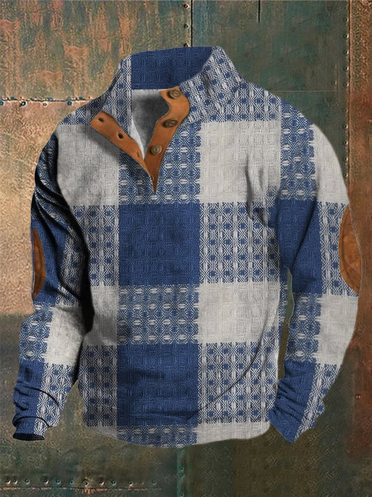 Men's Western Vintage Patchwork Graphic Print Stand Collar Button-Down Sweatshirt