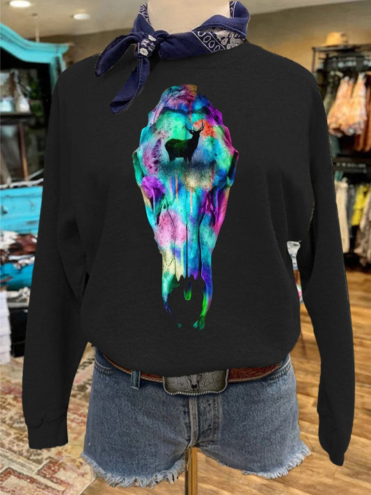 Bull Skull Print Casual Sweatshirt