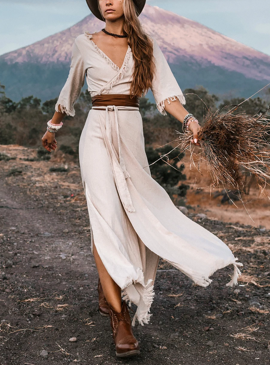 Women's Wrap Bohemian Dress ∆ White Maxi Dress 3/4 Sleeves ∆ Organic Clothing ∆ Wedding Bohemian Dress ∆ Long Fringe Raw Cotton Dress/Off White