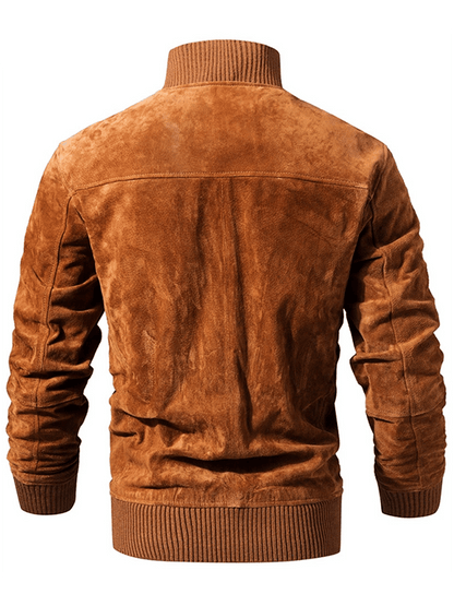 Men's Vintage Suede Pocket Ribbed Stand Collar Outdoor Jacket