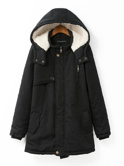 Hooded Flap Pocket Plain Fleece Lined Coat