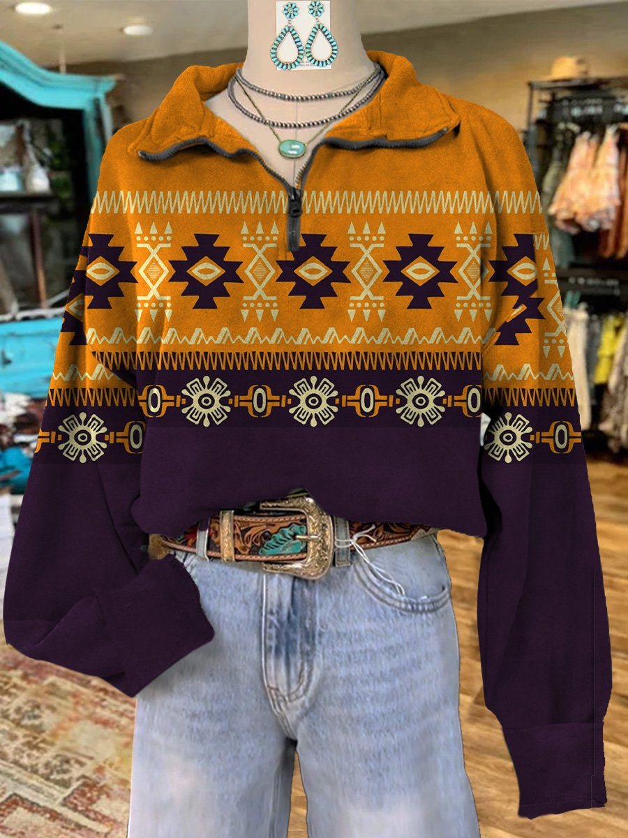 Aztec Print Casual Long Sleeve Zip Sweatshirt