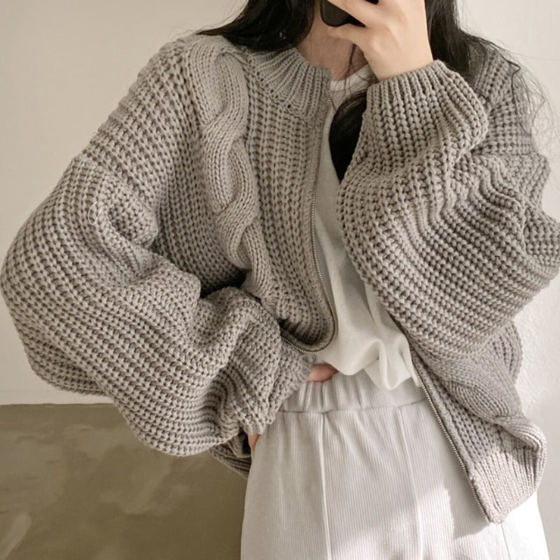 Vintage Chunky Knit Cardigan Zippered Cable Sweater